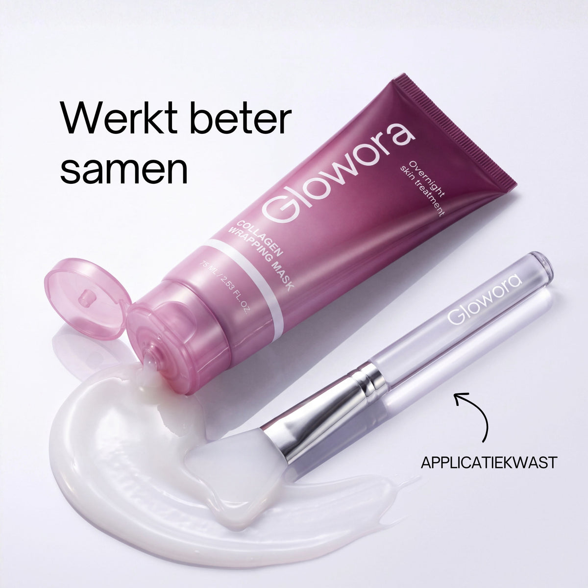Collageen Wrapping Masker met geopende dop en de Glowora applicatiekwast in het masker