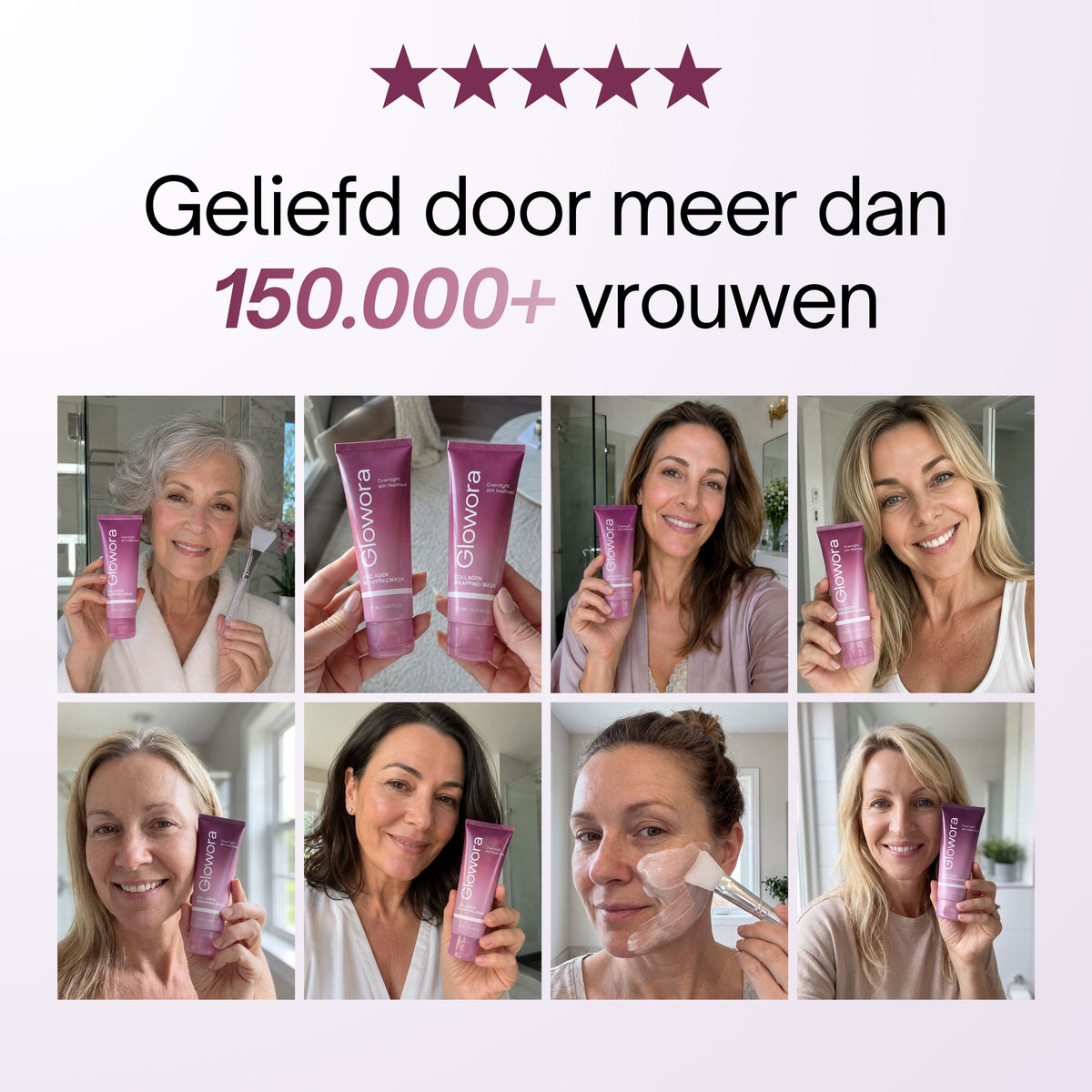 Collage van vrouwen die het Collageen Wrapping Masker vasthouden en aanbrengen