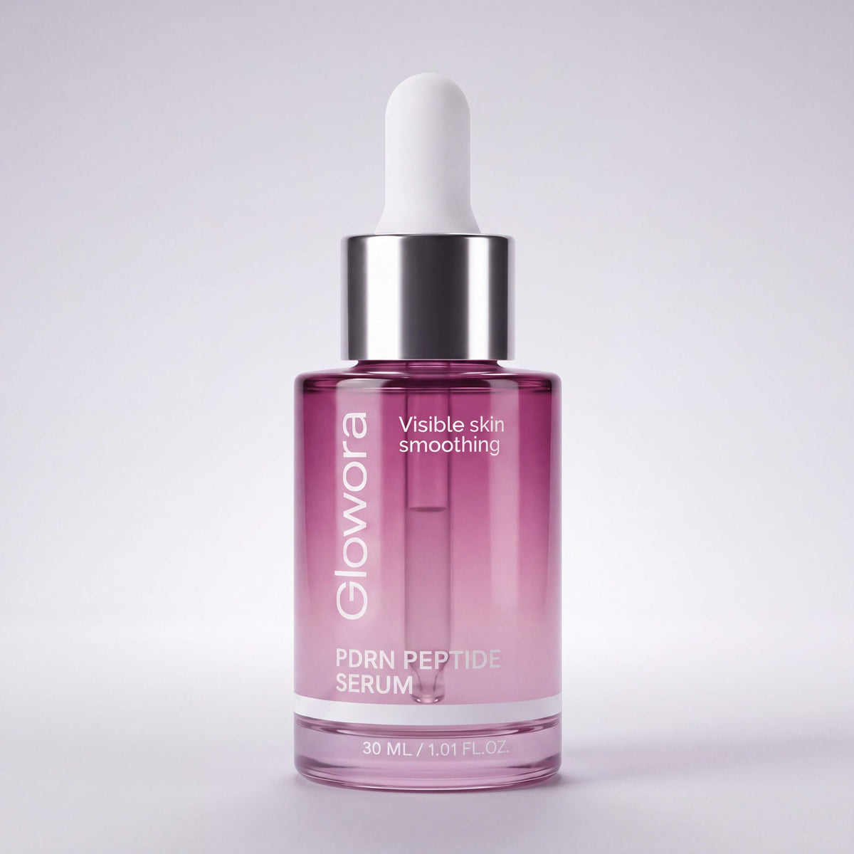 Roze PDRN Peptide Serum druppelflesje met pipet op lichte achtergrond