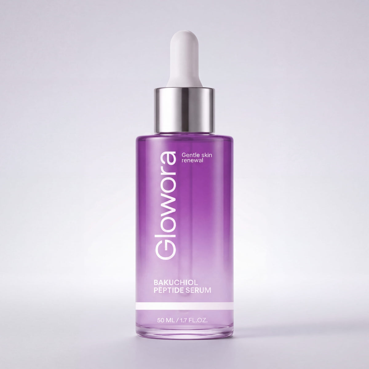 Paars Bakuchiol Peptide Serum druppelflesje met pipet op lichte achtergrond
