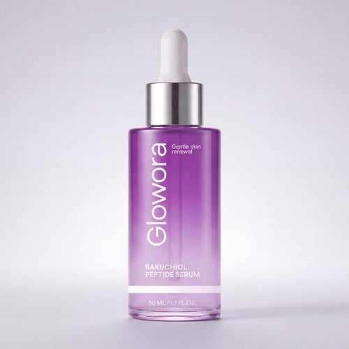 Paars Bakuchiol Peptide Serum druppelflesje met pipet op lichte achtergrond