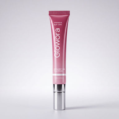 Roze PDRN Peptide Oog Crème tube met zilveren applicator op lichte achtergrond