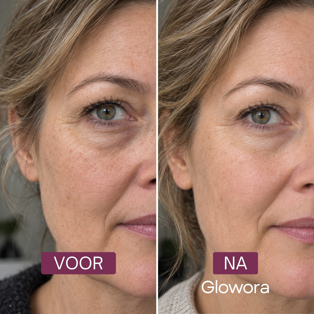 Voor-en-na close-up van de oogzone na gebruik van de PDRN Peptide Oog Crème