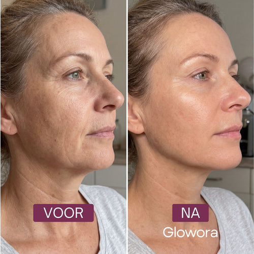 Voor-en-na zijaanzicht van een vrouw na gebruik van het Collageen Wrapping Masker