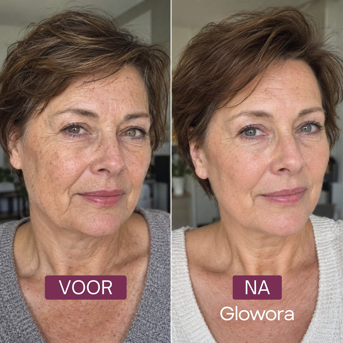 Voor-en-na foto van een vrouw met kort haar na gebruik van de Kojic Acid Pads