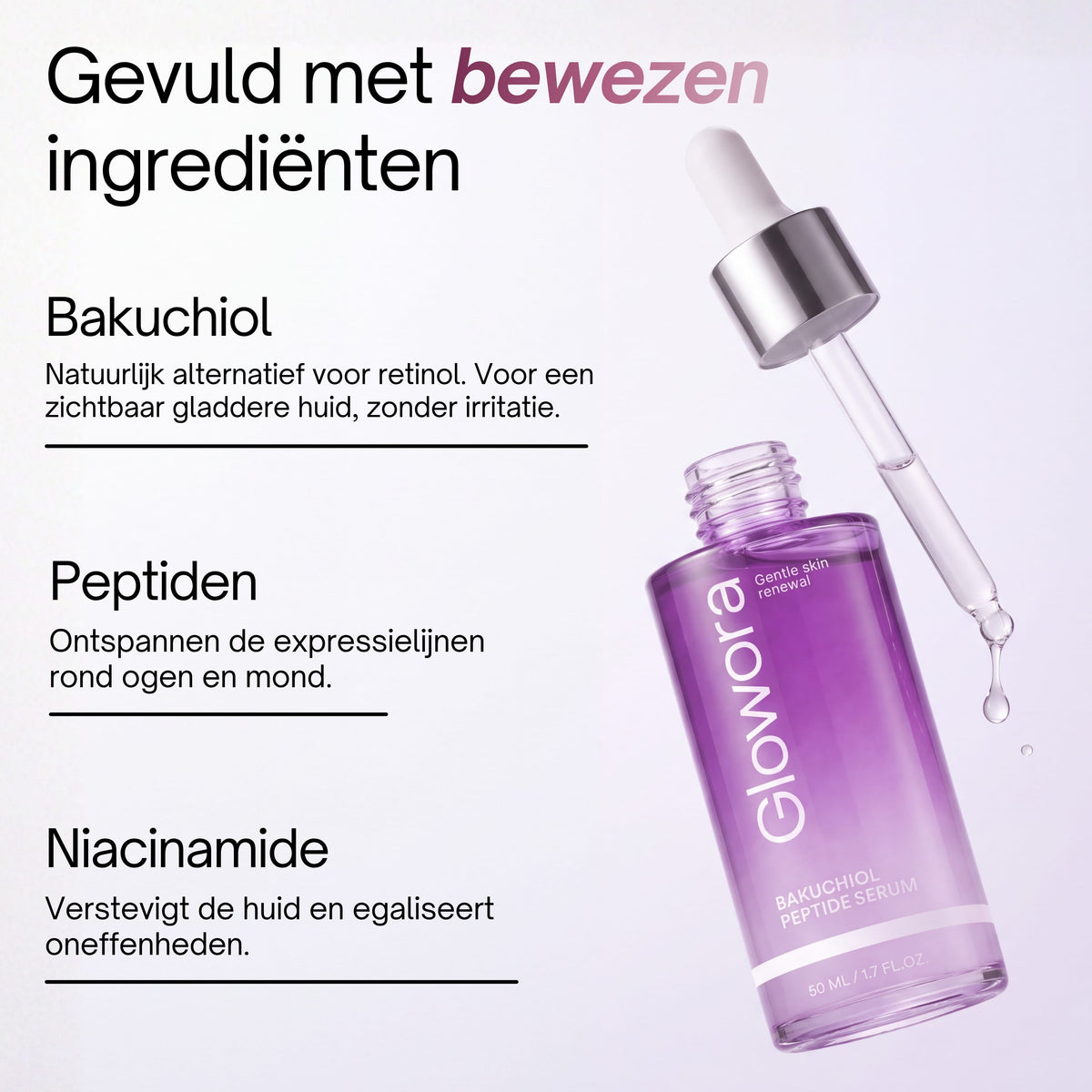 Ingrediëntenoverzicht van het Bakuchiol Peptide Serum met bakuchiol, peptiden en niacinamide