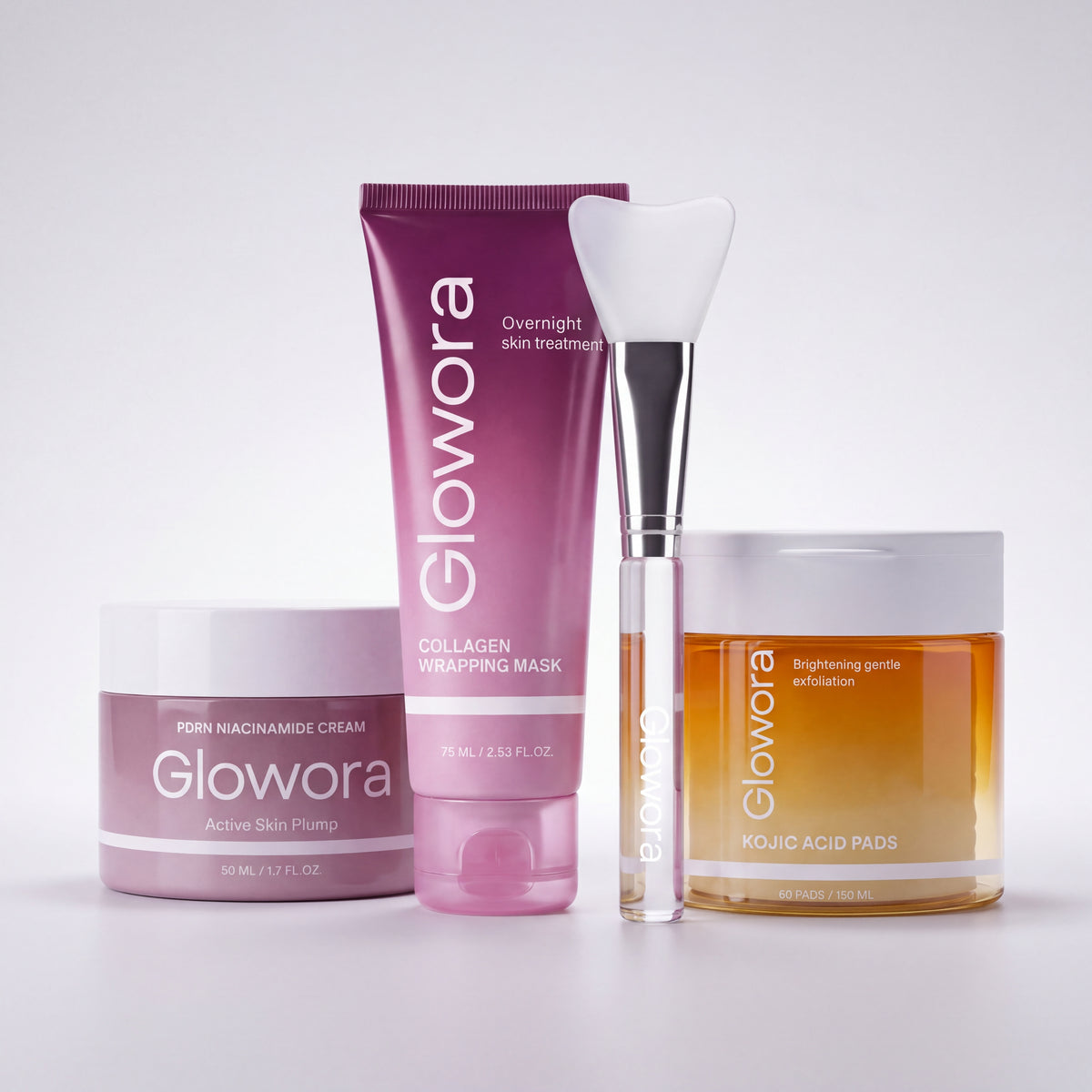 Glow & Smooth Set met Collageen Wrapping Masker, PDRN Niacinamide Crème, Kojic Acid Pads en kwast