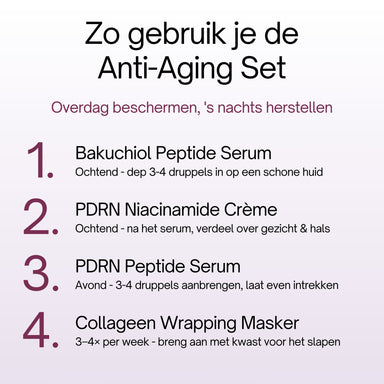 Stappenplan voor de Anti-Aging Set: twee serums, crème en Collageen Wrapping Masker