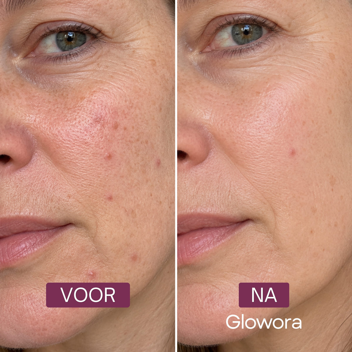 Voor-en-na close-up van de wang na gebruik van de Kojic Acid Pads
